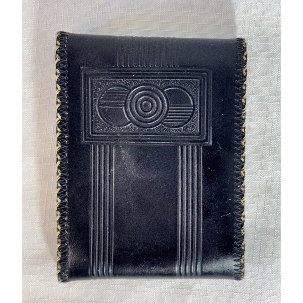 Vintage Western Genuine Cowhide Leather Tri-Fold Wallet Black Art Deco Design